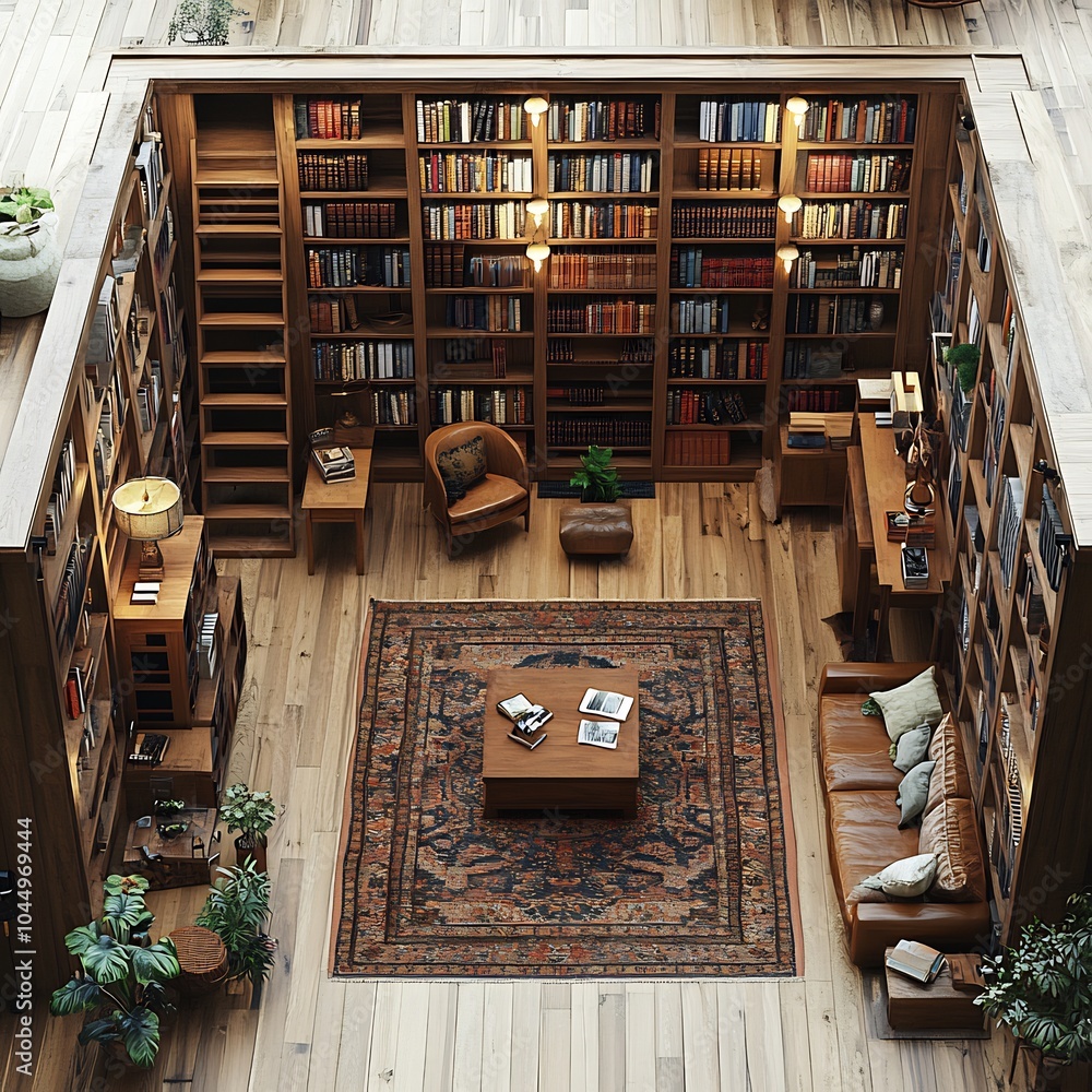 Poster top view 3d render of home library with tall builtin bookshelves rolling ladder and a comfortable re