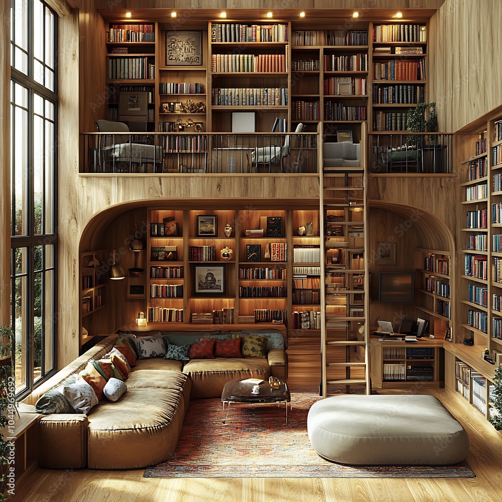 Poster top view 3d render of home library with tall builtin bookshelves rolling ladder and a comfortable re