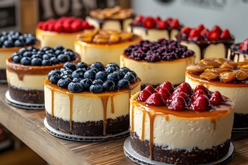 Artful Display of Decadent Cheesecake Slices with Vibrant Berry Toppings