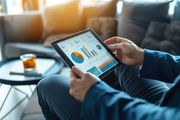 A professional discussing accountability strategies with a client in a sleek office lounge, with charts and actionable items visible on a tablet screen.
