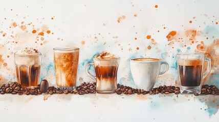 Artistic set of vector coffee beans and coffee cup drinks isolated on white background,hand-drawn vector,hot coffee drinks,cafe shop,modern flat design,Fashionable and cute coffee motif concept.