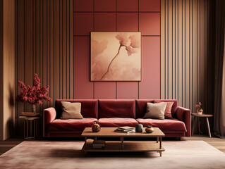 Living room interior in modern and classic styles with wooden panneling and bronze decor accent. Bold berry colors interior with wooden wall panels