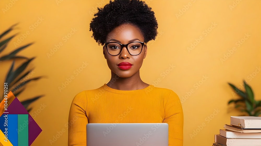 Poster focused african american woman analyzing vibrant financial data charts and graphs on laptop screen i