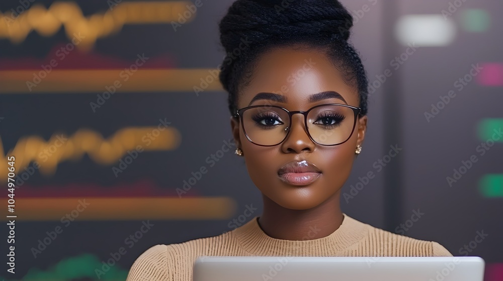 Poster focused african american woman intently analyzing market data and trends displayed on her laptop scr