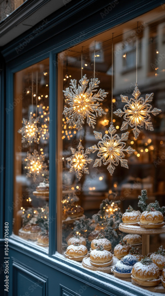 Sticker charming window view of a cafe decorated for Christmas, showcasing snowflakes on the glass and a festive interior with delicious pastries and holiday lights