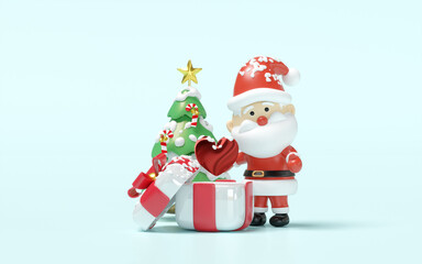 3d Santa claus with heart, open gift box, christmas tree isolated on blue background. poster or happiness cards, merry christmas, festive New Year concept, 3d illustration render