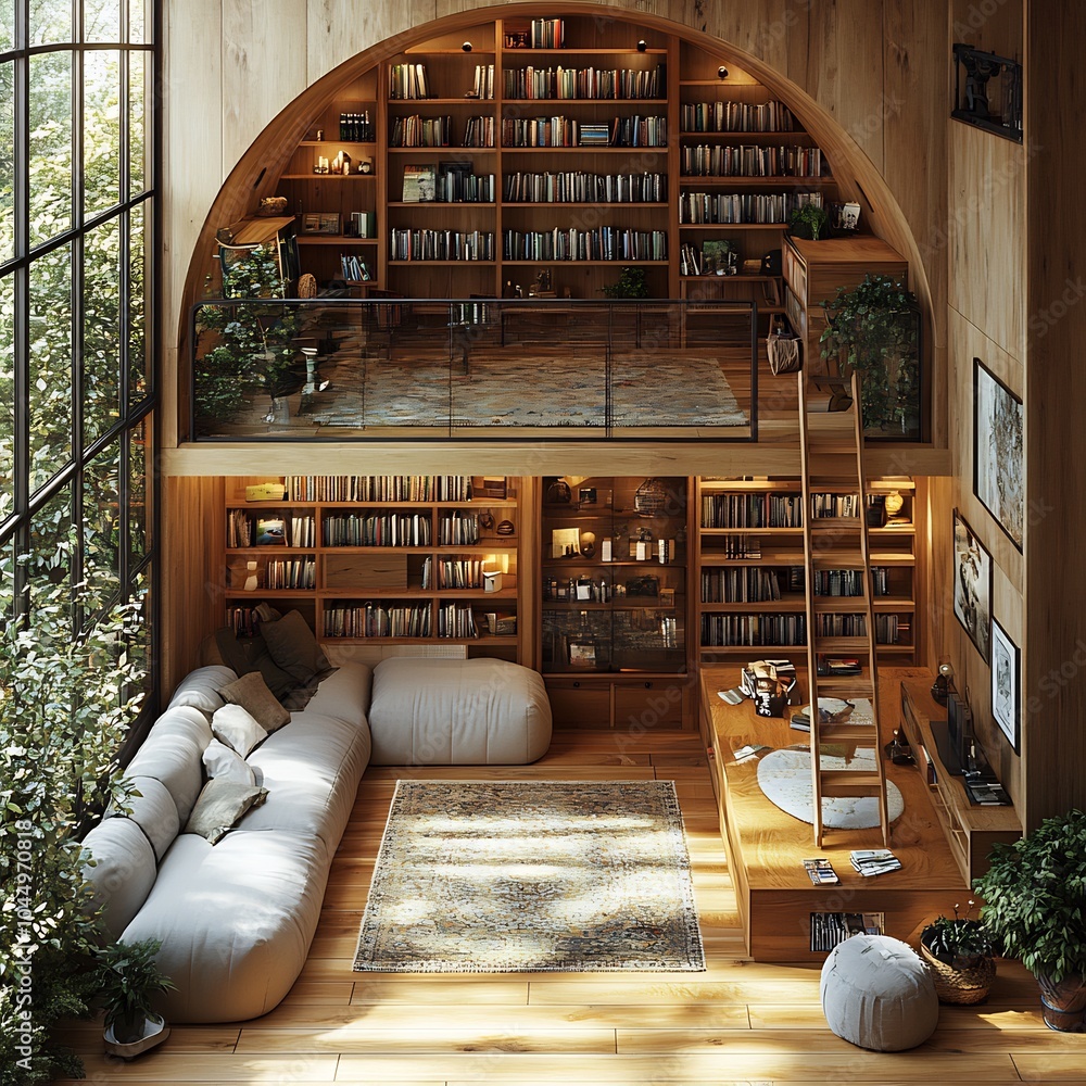 Poster top view 3d render of home library with builtin shelving units a movable ladder and a secluded readi