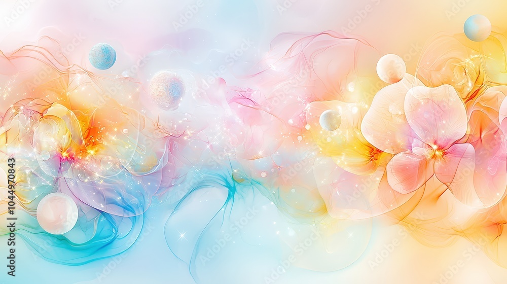 Poster an ethereal galaxy glowing in soft pastels, with planets and nebulae forming delicate patterns in sp