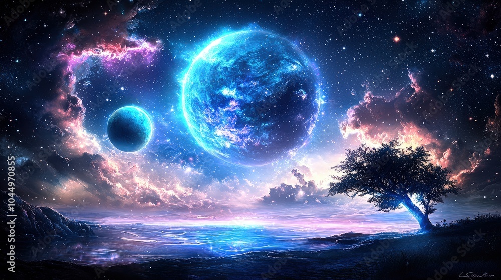 Poster an ethereal galaxy glowing in soft pastels, with planets and nebulae forming delicate patterns in sp