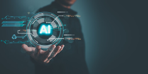 Digital information technology concept. Businessman holding artificial intelligence screen.