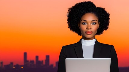 Focused African American businesswoman in corporate attire reviewing detailed financial data and reports on her laptop computer in a modern open office environment with a city skyline visible through