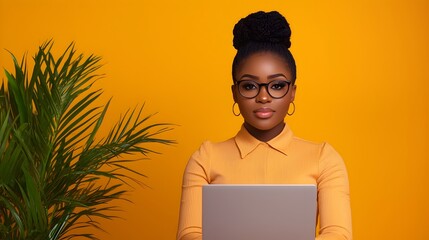 Confident and focused African American businesswoman analyzing complex financial data and reports on her laptop computer in a minimalistic modern office setting