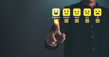 Business man point five stars survey rating icon for customer satisfaction scores. customer satisfaction concept.