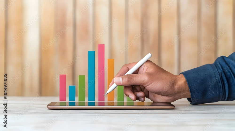 Fototapete elegant female hand gracefully holding stylus and navigating vibrant colorful charts graphs and tech