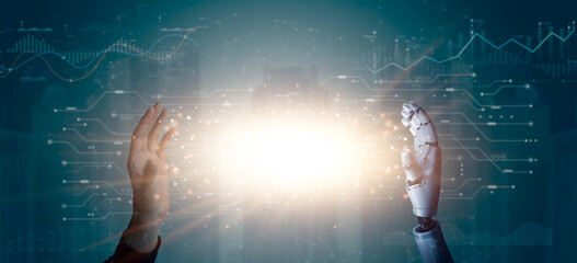 robot hand and businessman hand with digital screen. artificial intelligence concept, big data, science, innovation technology, cloud computing, futuristic, internet network communication