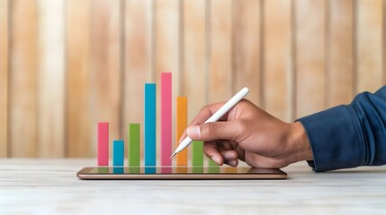 Elegant Female Hand Gracefully Holding Stylus and Navigating Vibrant Colorful Charts Graphs and Tech Metrics on Tablet Device for Financial Data Analysis and Planning