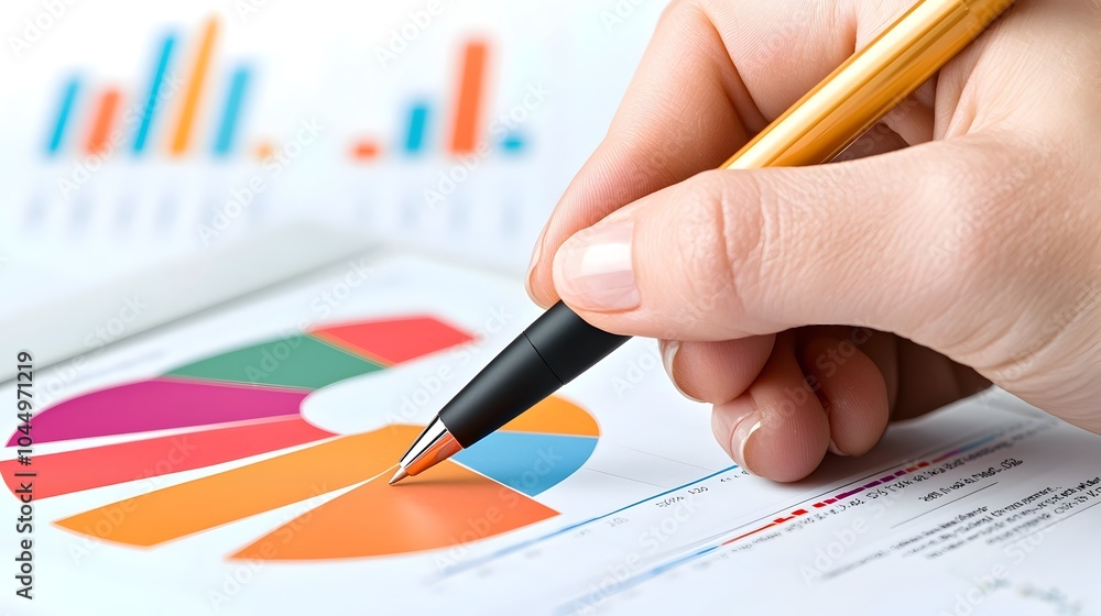 Poster close up of a woman s hand holding a pen drawing on a tablet screen filled with animated graphs anal