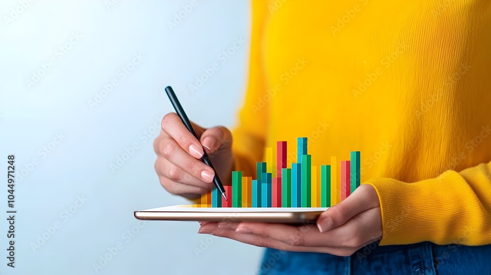 Aufkleber close up of a woman s hand holding a pen drawing on a tablet screen filled with animated graphs anal