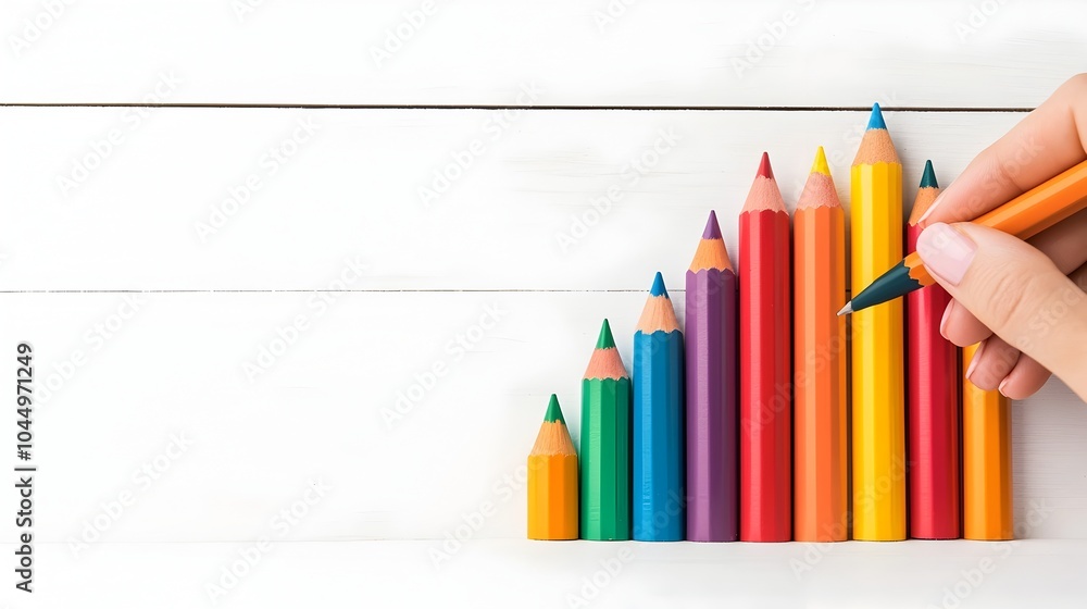 Poster Closeup of a female hand writing on a digital tablet displaying vibrant business data graphs highlighting growth trends and colorful analytics for financial reporting and data visualization