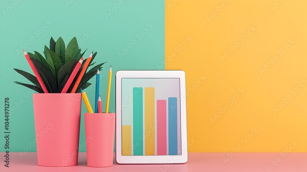Poster Close up of a female hand using a stylus to write and interact with vibrant business data analytics graphs and charts displayed on a digital tablet or touchscreen device showcasing growth trends