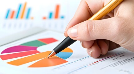 close up of a woman s hand holding a pen drawing on a tablet screen filled with animated graphs analytical charts and data visualizations for business finance or educational purposes