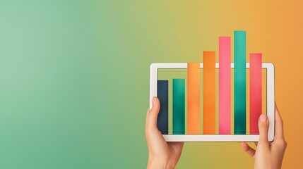 Graceful Female Hand Delicately Navigating Through Complex Graphs and Business Analytics Visualized on a Tablet Screen in a Bright Watercolor Style