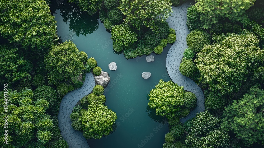 Poster an intricate landscape architecture layout viewed from above, showcasing clear symbols for trees, bu