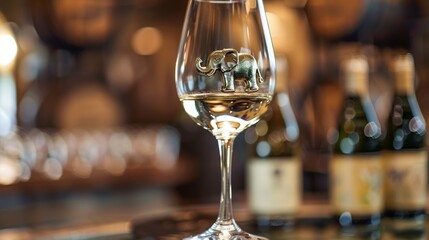 A detailed shot of a wine glass filled with a crisp white wine and adorned with a small elephantshaped charm.