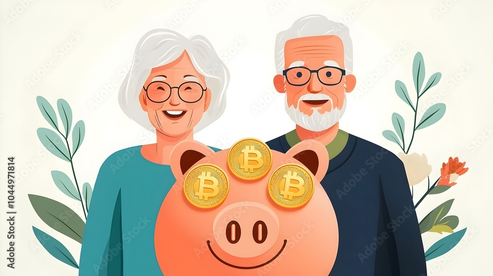 Poster cheerful piggy bank filled with golden coins and an elderly couple smiling in the background represe