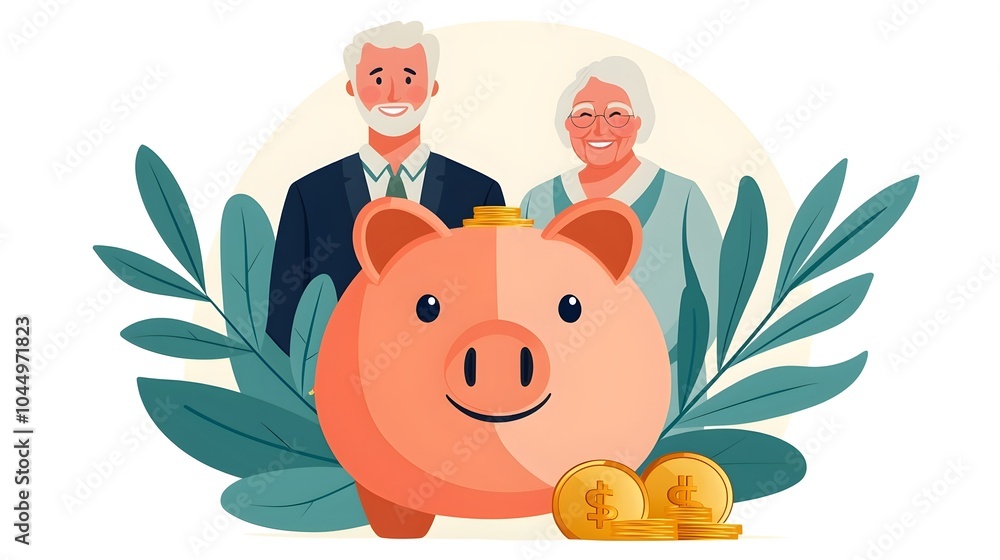 Poster cheerful piggy bank filled with golden coins with an elderly couple smiling in the background repres
