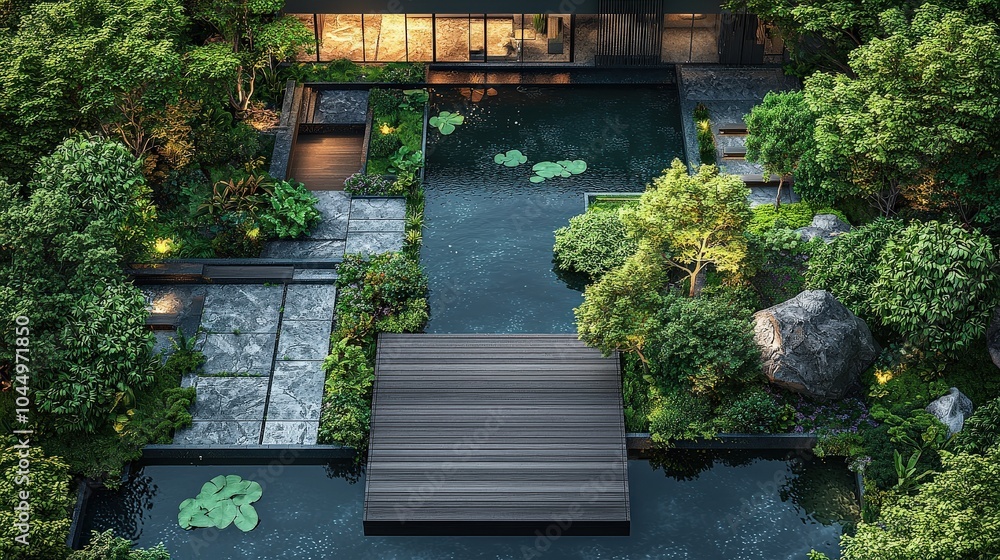 Poster an intricate landscape architecture layout viewed from above, showcasing clear symbols for trees, bu