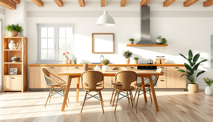Stylish and sunny interior of kitchen space with wooden table with brown mock up photo frame, design chairs and bamboo shelf. Scandinavian room decor with kitchen accessories and beautiful plants is