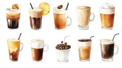 Artistic set of vector coffee beans and coffee cup drinks isolated on white background,hand-drawn vector,hot coffee drinks,cafe shop,modern flat design,Fashionable and cute coffee motif concept.