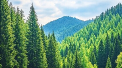 Obraz premium Experience the tranquil beauty of a lush green forest landscape under a cloudy sky in the summer mountains