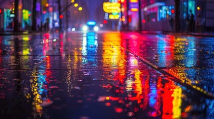 Night street reflection, vibrant neon lights, wet pavement, urban scene with colorful lights shining on the ground creating a visually stunning effect