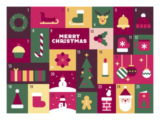 Christmas Advent Calendar with Holiday Icons and Cheerful Festive Colors