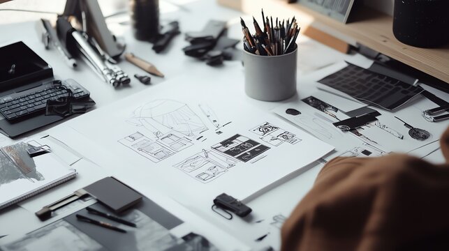 A designer works at a desk filled with art supplies.