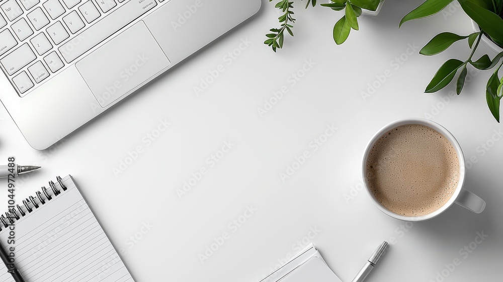 Aufkleber an organized desk seen from above, showcasing a minimalist desktop computer setup, a coffee mug, and