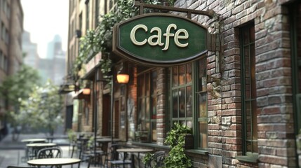 Fototapeta premium A cafe with a green sign on the front