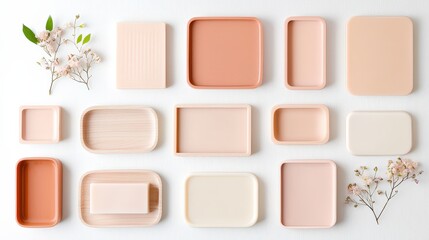 Artisanal soap-making setup with soft pastel-colored natural oils, dried flowers, and wooden molds on a clean white surface.