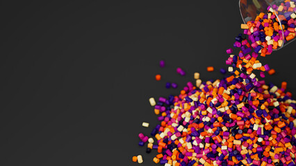 Top view of colorful plastic polypropylene granules pouring from the glass on a black backdrop, masterbatch polymer grain pile. HDPE or PVC resin pellets. 3d render illustration