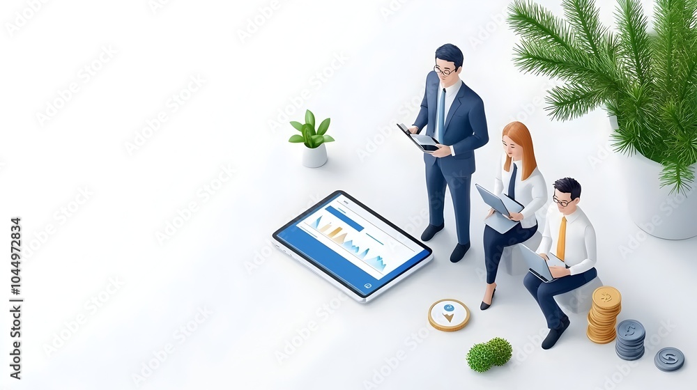 Poster Isometric of a Business Team Collaborating to Analyze Web Based Reports and Conduct Data Research for Financial Forecasting and Strategic Decision Making
