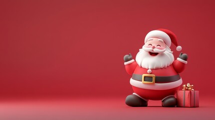 Obraz premium A cartoonish Santa Claus is standing in front of a red background with a gift bo