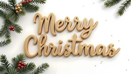 Golgen Merry Christmas text. Christmas background of spruce, fir tree, pine, garland, and toys on a white background. New Year background. Christmas banner