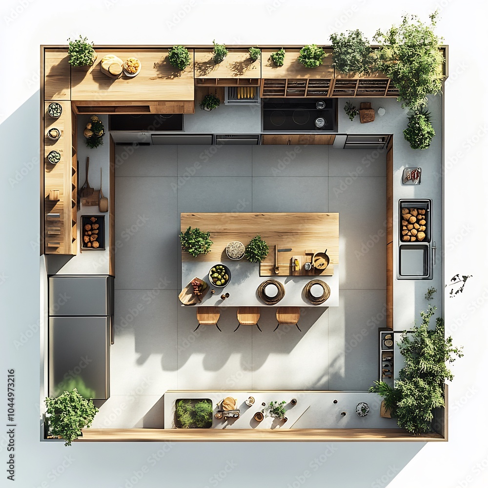 Poster top view 3d render of kitchen layout with a central island open shelves and a large fridge detailed 