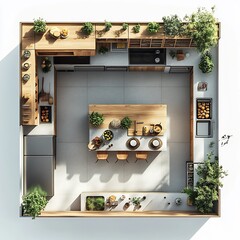 Top view 3D render of kitchen layout with a central island open shelves and a large fridge detailed floor plan shown on a plain white background emphasizing effective space design