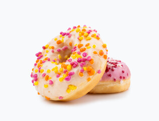 Two donut with multi-colored sprinkles with white background