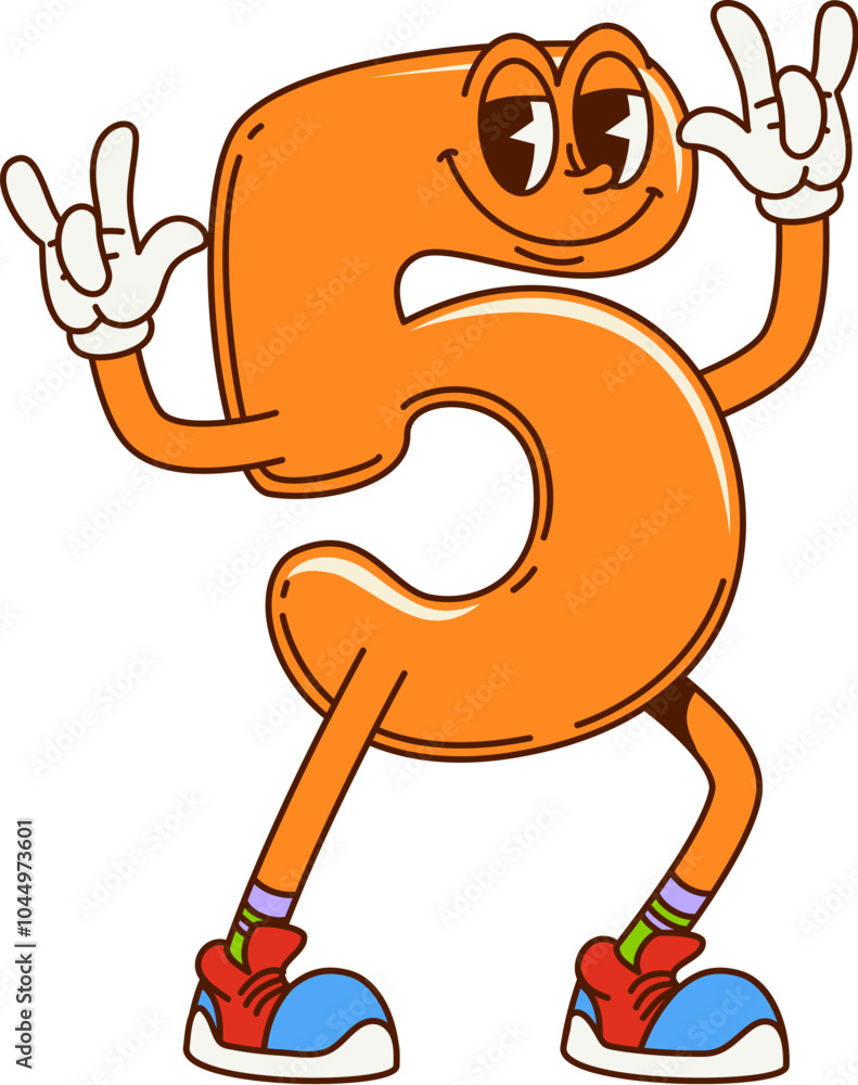 Poster groovy math number five retro cartoon character with funny face, vector mathematics emoji. groovy nu