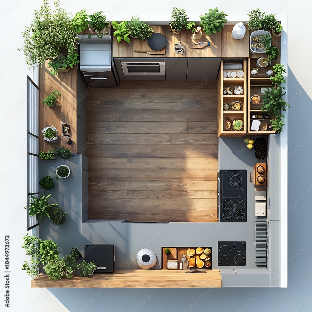 Poster top view 3d render of kitchen layout with a central island open shelves and a large fridge detailed 
