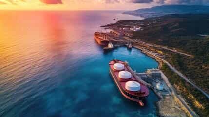 Aerial View of Cargo Ships Near Coastal Landscape